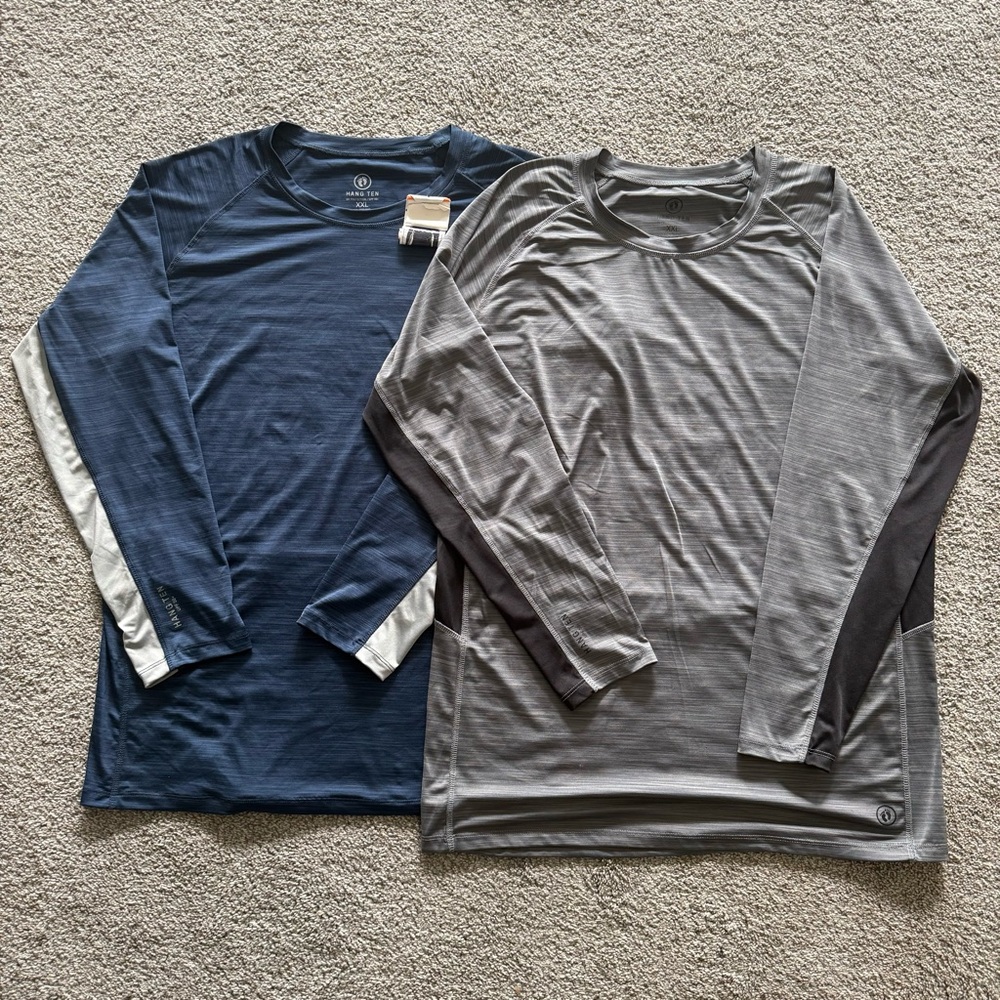 Hang Ten UV Protection Shirts Mens XXL (2) Grey Blue Long Sleeve Zip Back Pocket